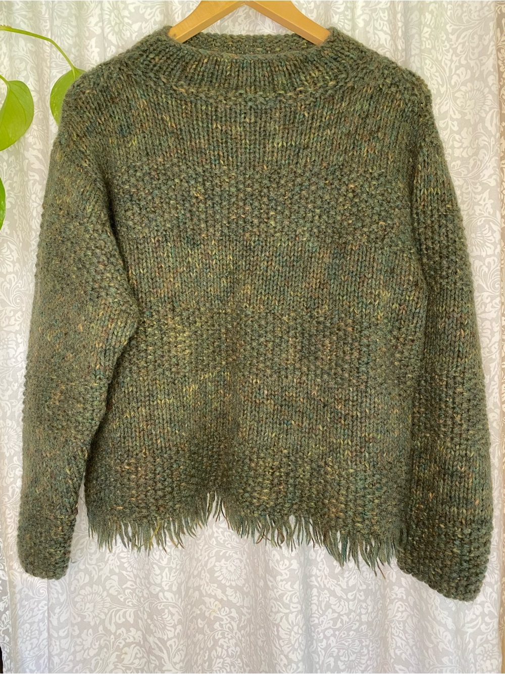 Hand Knit 100% Wool Sweater - Cozy Olive Green with fringe women’s